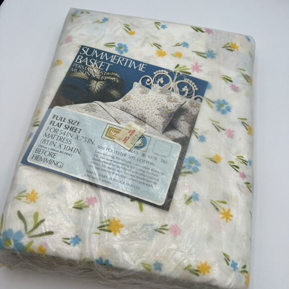 Vtg Sears Perma Prest Muslin 50/50 Full Flat Sheet Summertime Flowers Basket - Picture 1 of 4